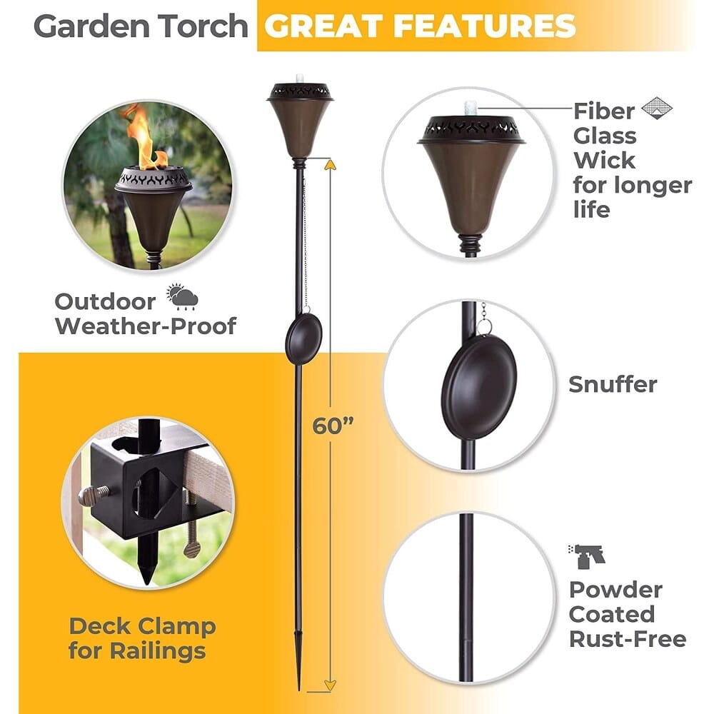 60" Large Flame Garden Torch with Snuffer & Wick, 2 Pack, Black/Brown
