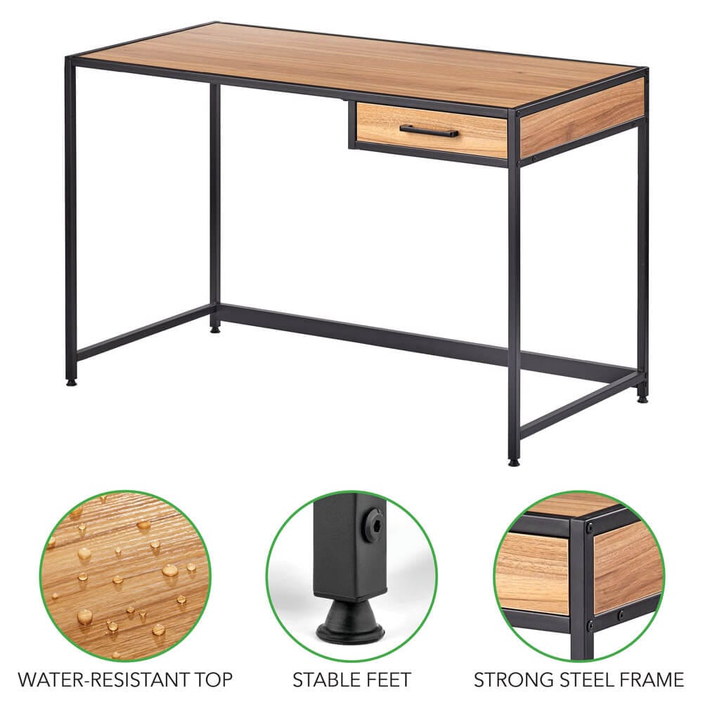 mDesign Metal & Wood Home Office Desk with Right-Hand Drawer, Black/Nordic Walnut