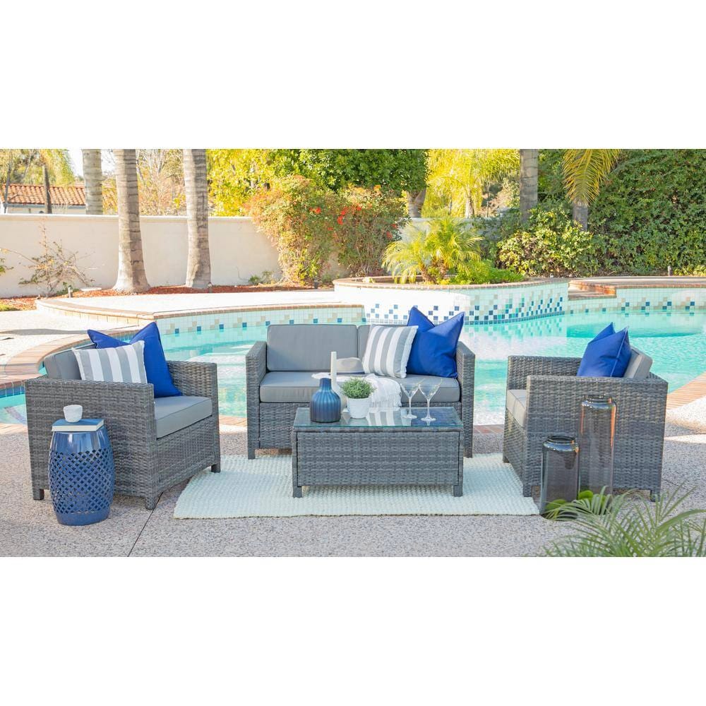 Resin Wicker 4-Piece Chat Set, Dark Gray/Gray