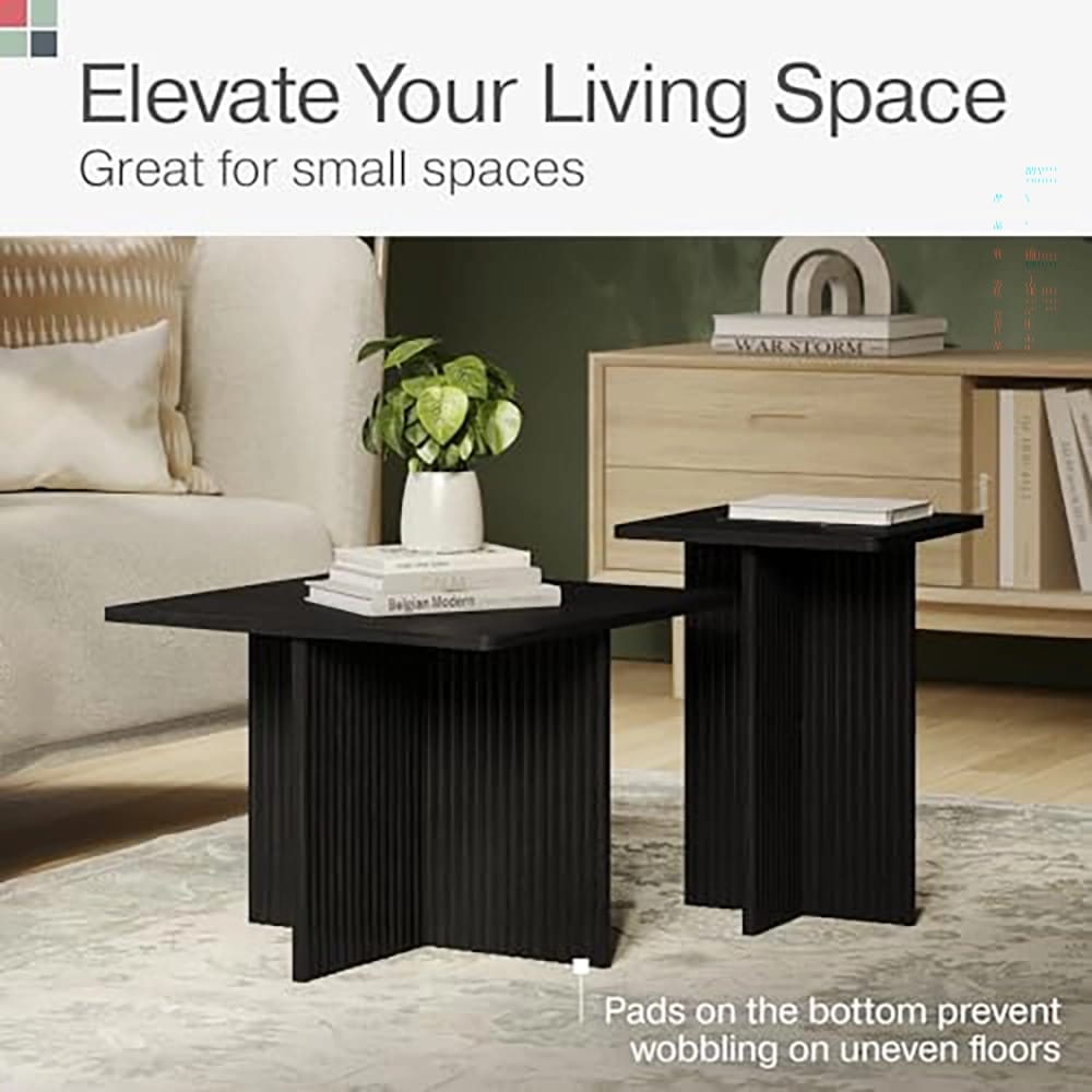 Stead Square Fluted Nesting Coffee Table Set, Black