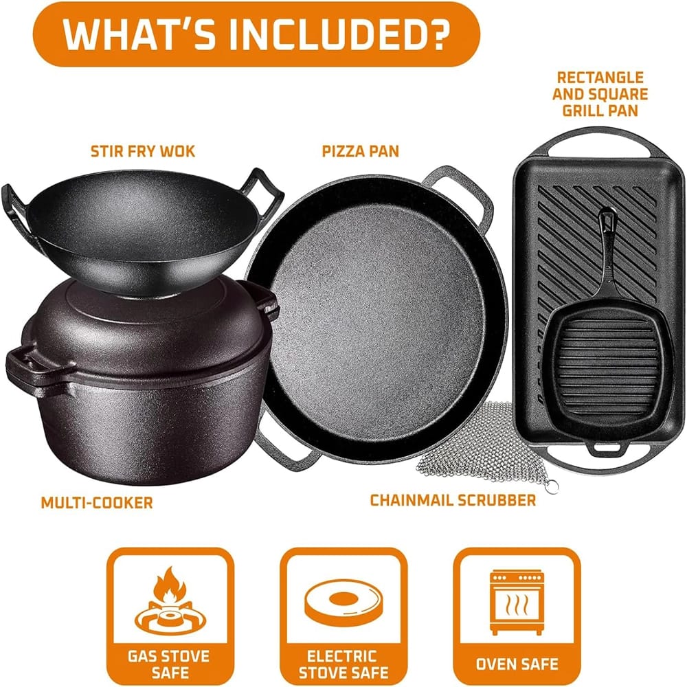 Bruntmor 7-Piece Pre Seasoned Cast Iron Set