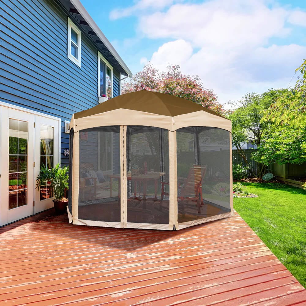 Hexagonal Pop-Up Gazebo with Mosquito Netting, Light Brown