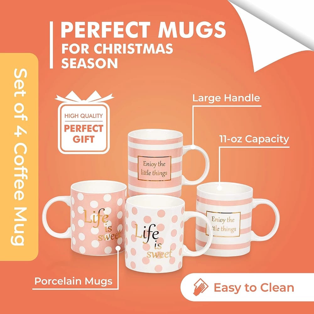 Bruntmor Ceramic Inspirational Coffee Mugs, Pink, Set of 4