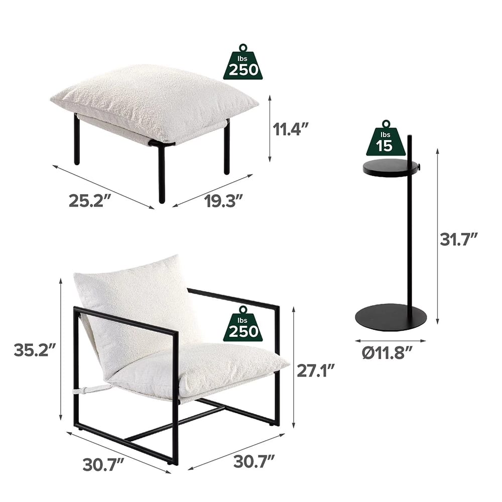 Zinus Isaac Sling Chair with Ottoman and Drink Table, White