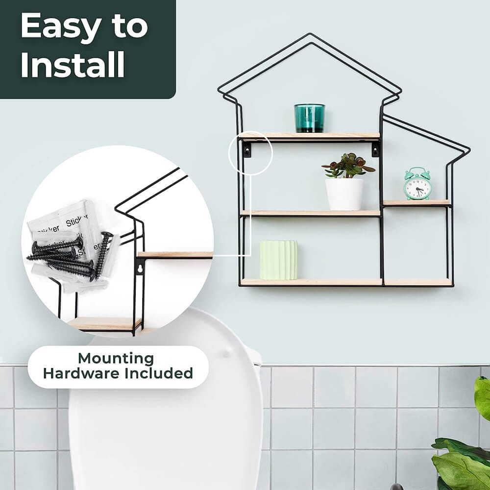 Greenco Natural Geometric House Shaped 3-Tier Floating Shelves, Natural/Black