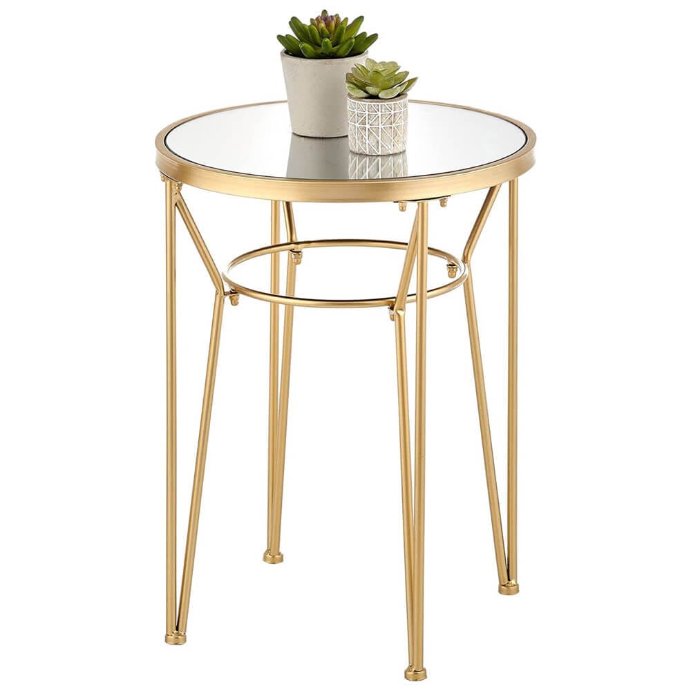 mDesign Round Metal Accent Table with Hairpin Legs, Set of 2, Soft Brass/Mirror