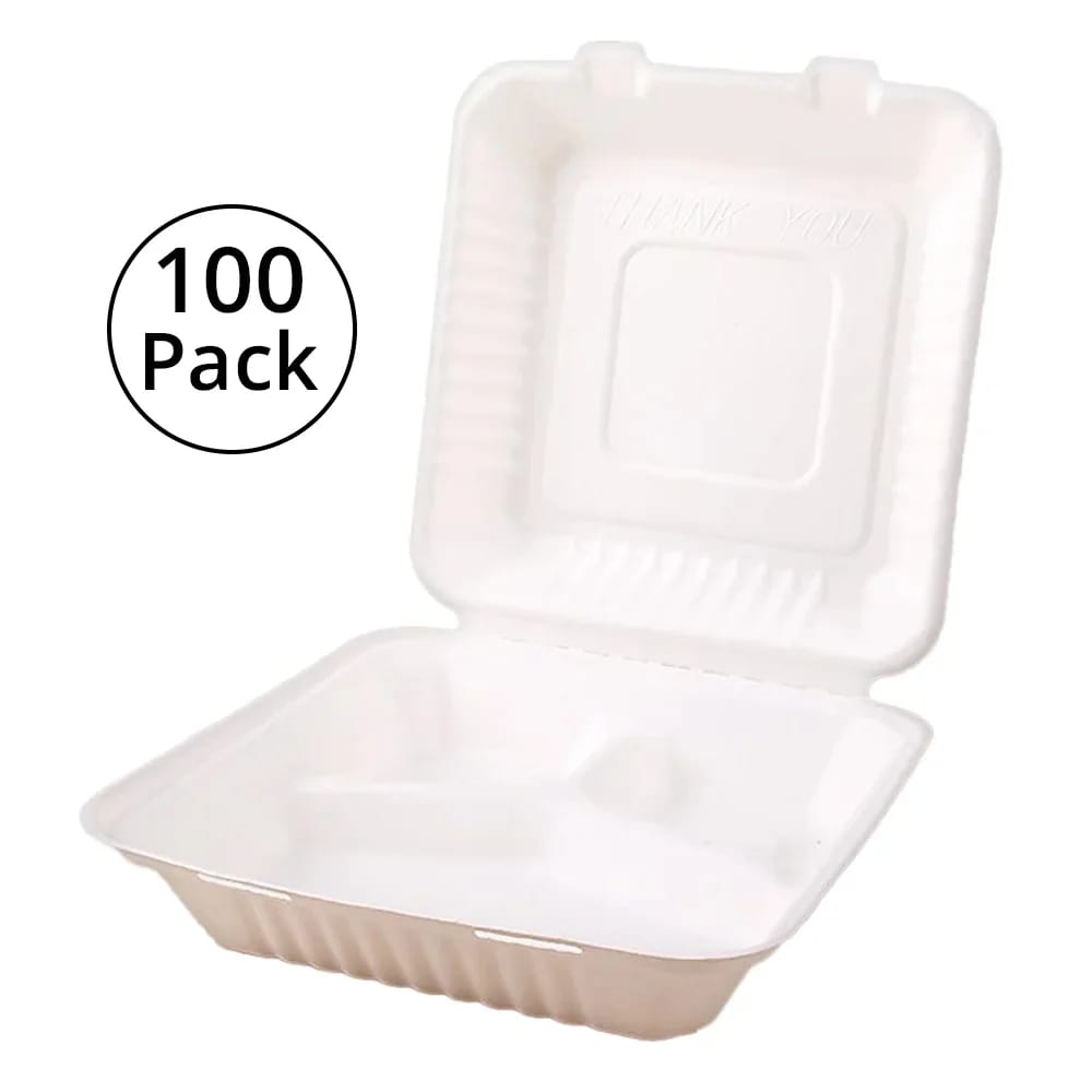 Ecoware Biodegradable 8" 3-Compartment Clamshell Container, 100 Count