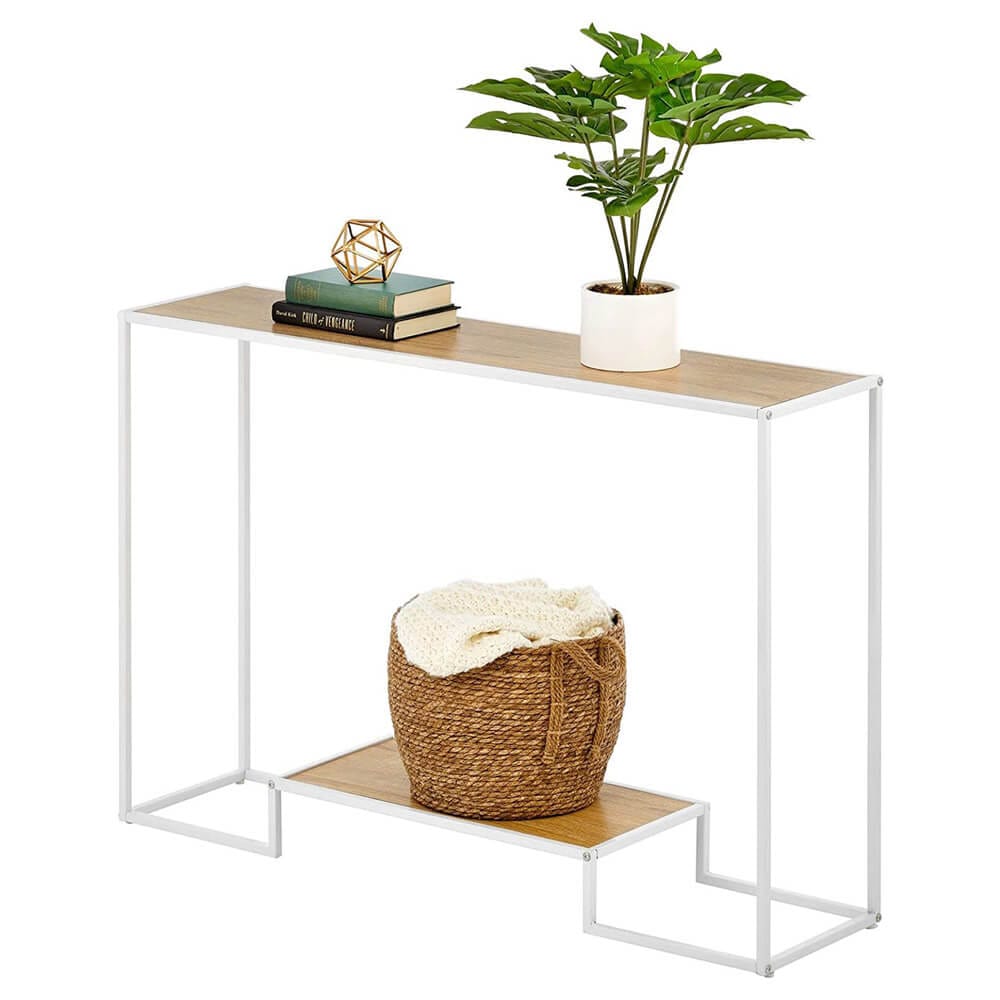 mDesign Modern Wood Inlay Console Table with Bottom Shelf, White/Modern Oak