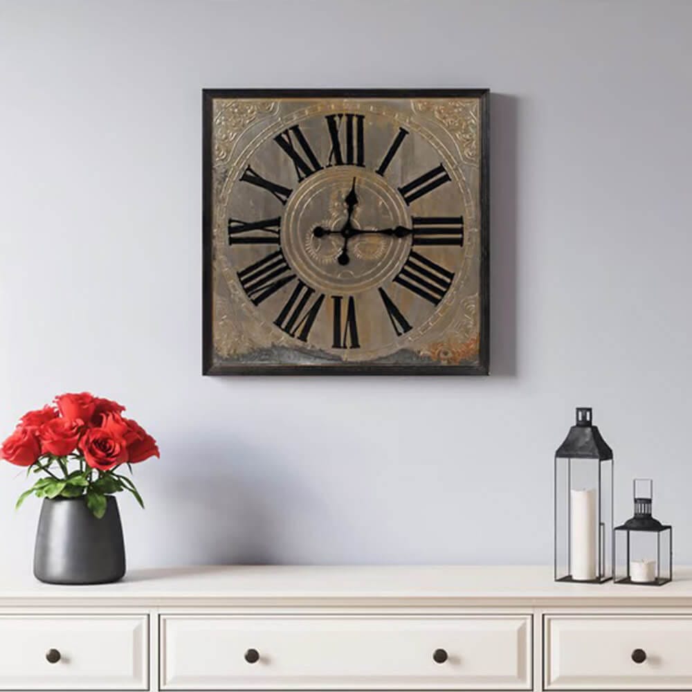 Jofran Furniture Wayland Jackson 30" Wood Engraved Square Wall Clock, Weathered Zinc