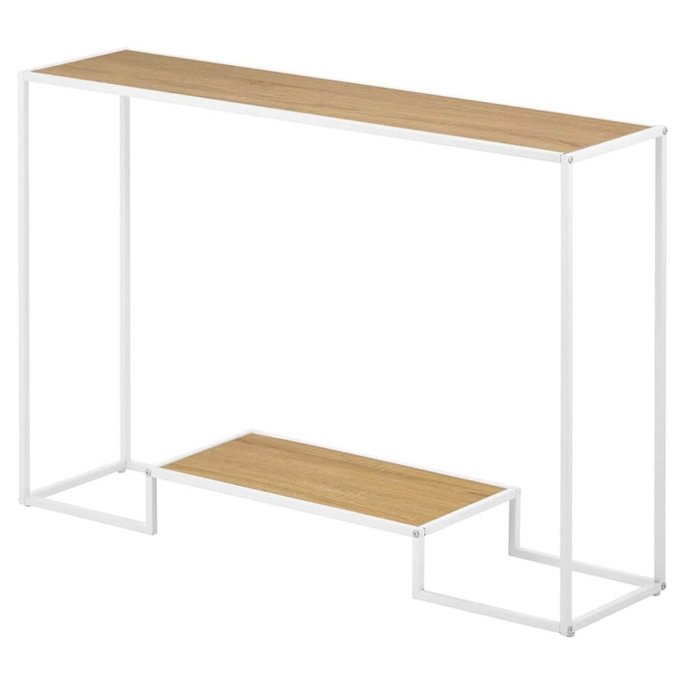 mDesign Modern Wood Inlay Console Table with Bottom Shelf, White/Modern Oak