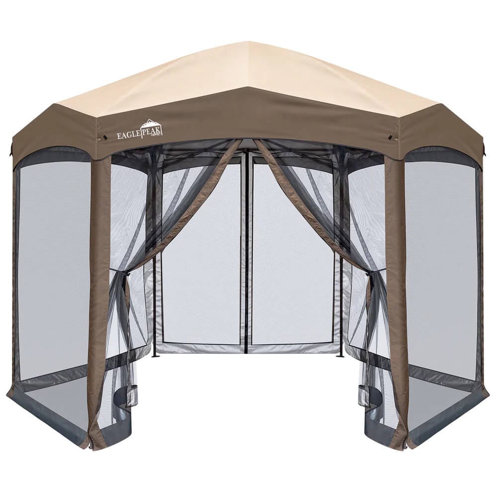 Hexagonal Pop-Up Gazebo with Mosquito Netting, Dark Brown