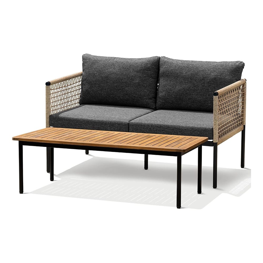 Idzo Oscar Wicker Metal Loveseat with Coffee Table, Black