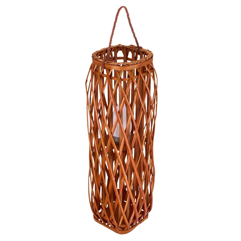Barbara King Square Wicker Lantern With Remote, Burnt Orange, 28"