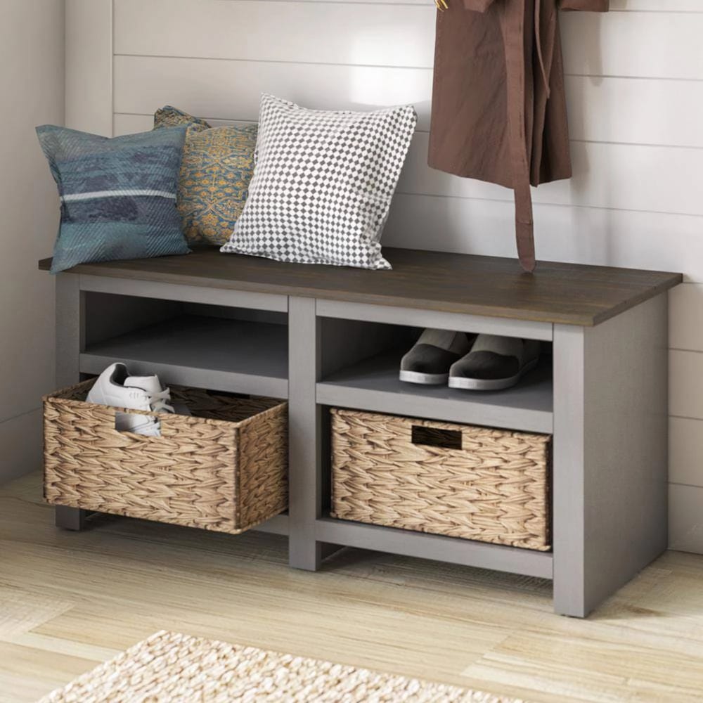 Twin Star Home Storage Bench with Baskets, Antique Gray