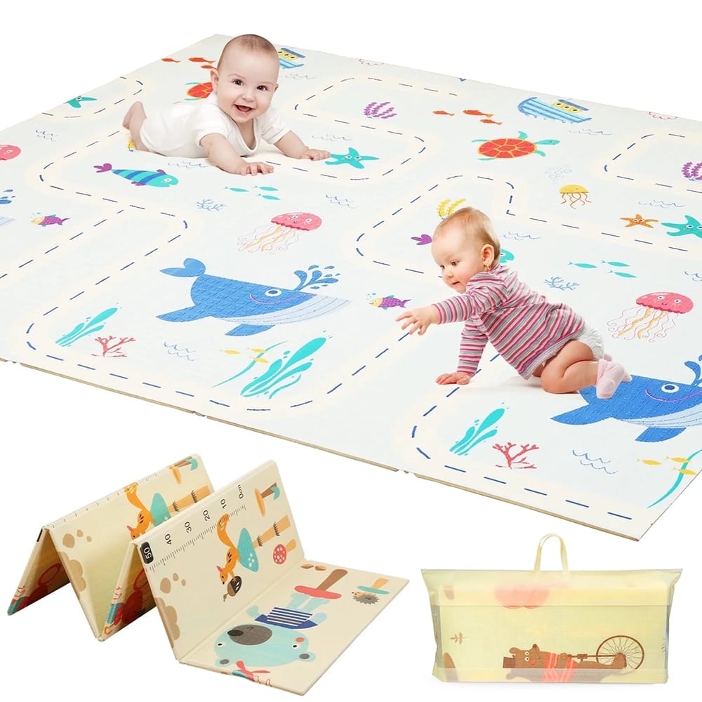 Foldable Baby Crawling Play Mat, Cartoon Bear Pattern, 77" x 70"