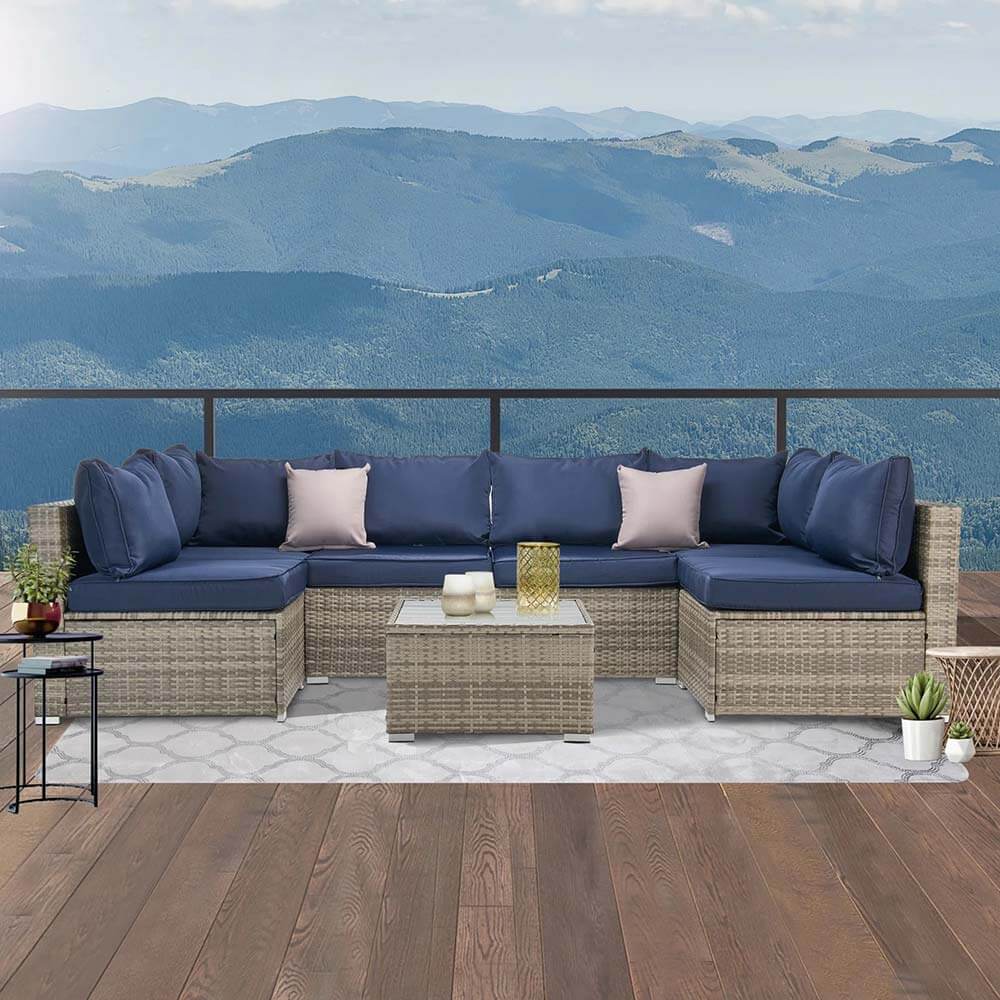All-Weather 7-Piece Resin Wicker Patio Sectional, Navy/Gray