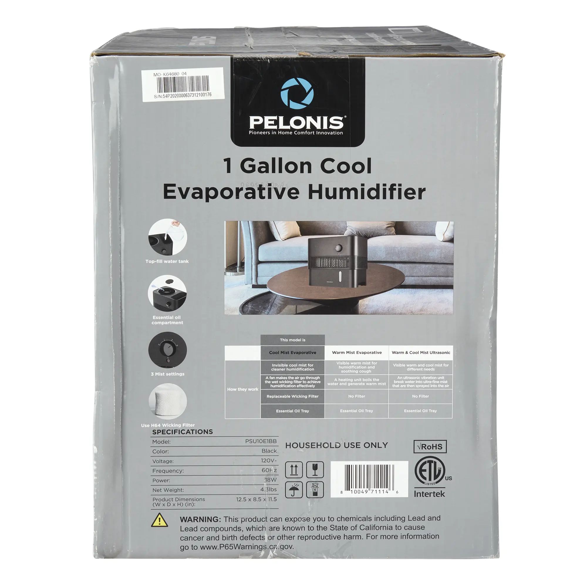 Pelonis 1 Gallon Cool Evaporative Humidifier