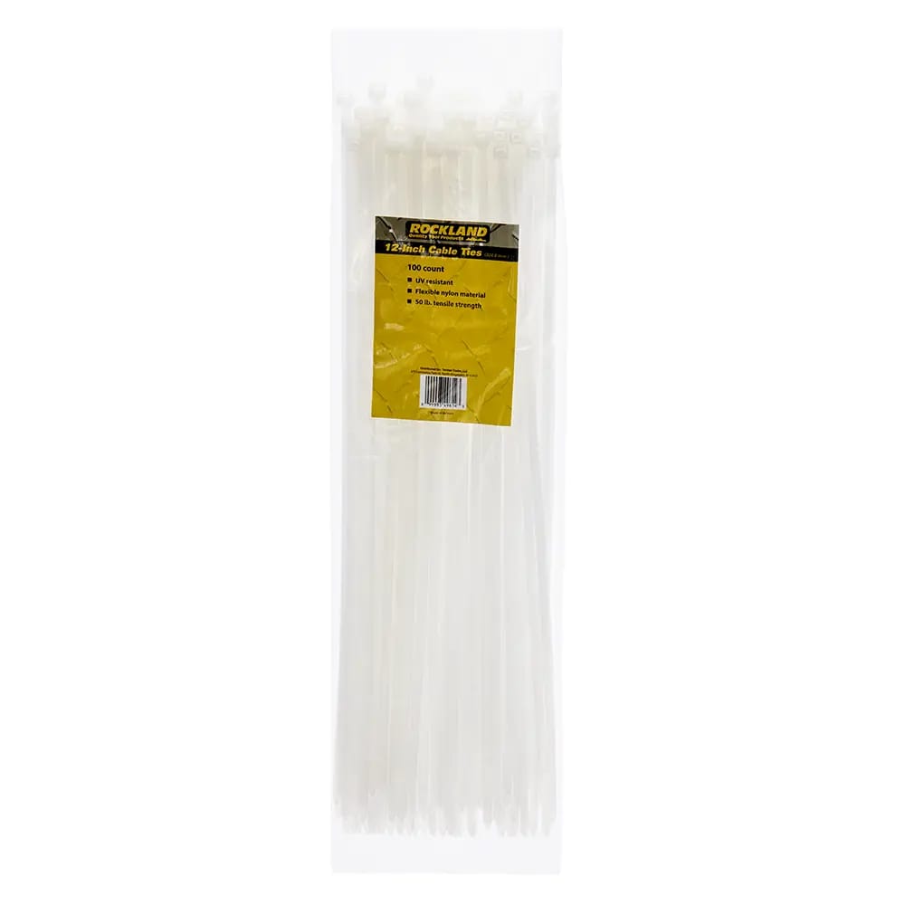 Rockland Cable Ties, White, 100 ct, 12"