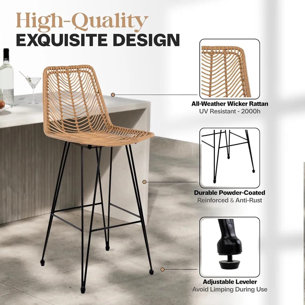 Idzo Chateau Outdoor Rattan Bar Stools, 2-Piece, Tan, 42"