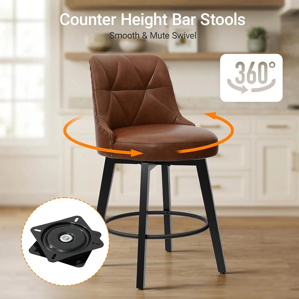 Polarisys 26" Faux Leather Swivel Bar Stool, Brown, Set of 2
