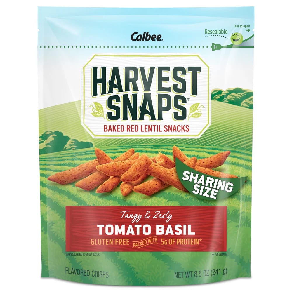 Calbee Harvest Snaps Tangy & Zesty Tomato Basil Baked Red Lentil Snacks, 8.5 oz