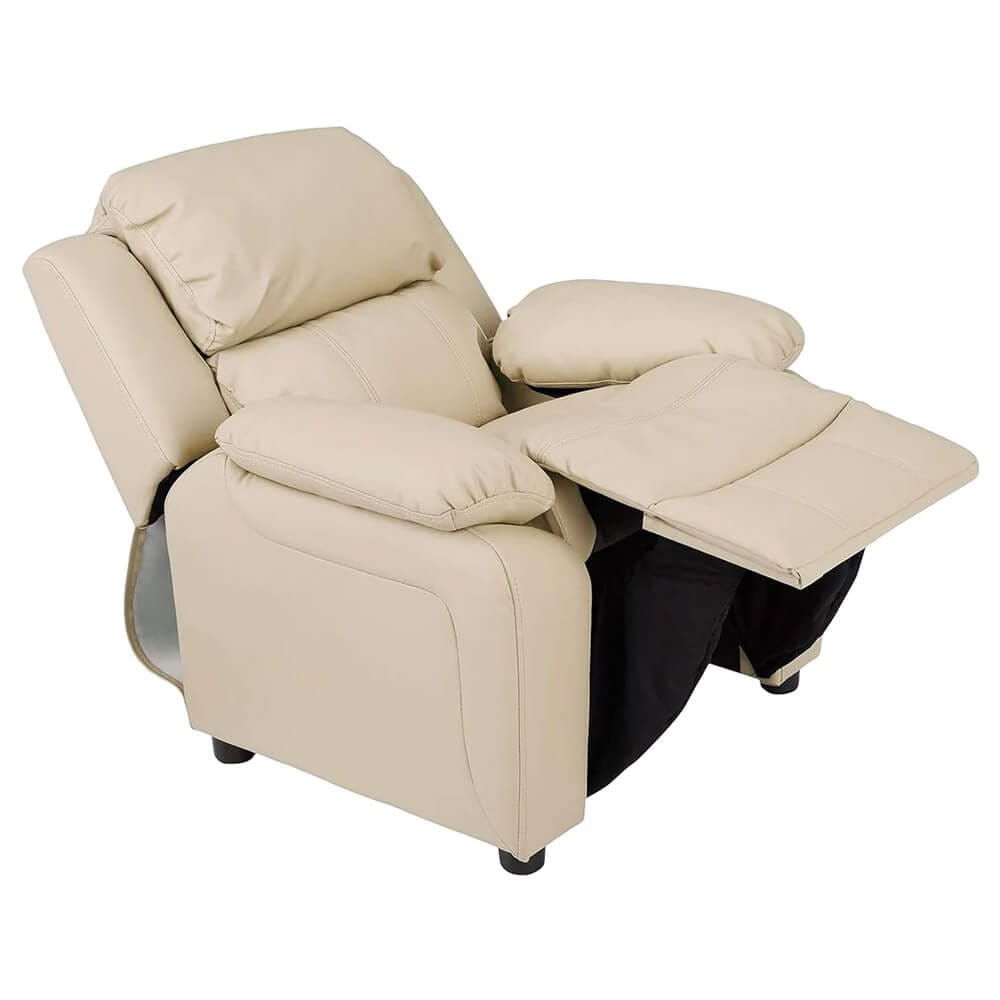 Faux Leather Youth Recliner with Armrest Storage, Beige