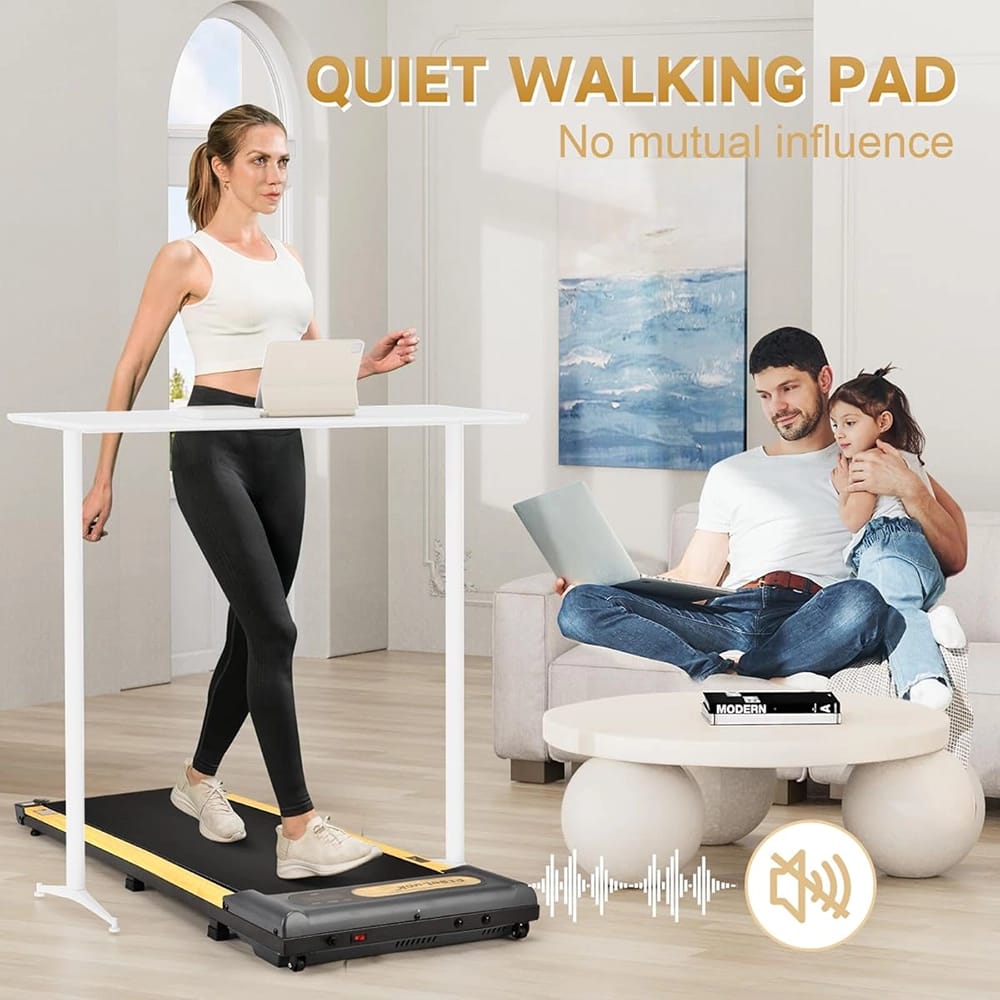 ElseLuck Walking Pad Treadmill, Black/Wooden Yellow