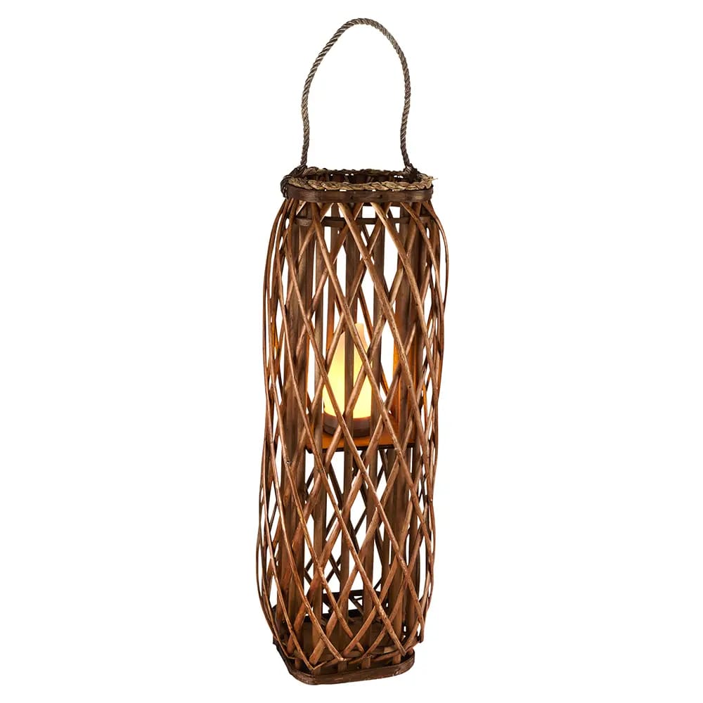 Barbara King Square Wicker Lantern With Remote, Caramel, 28"