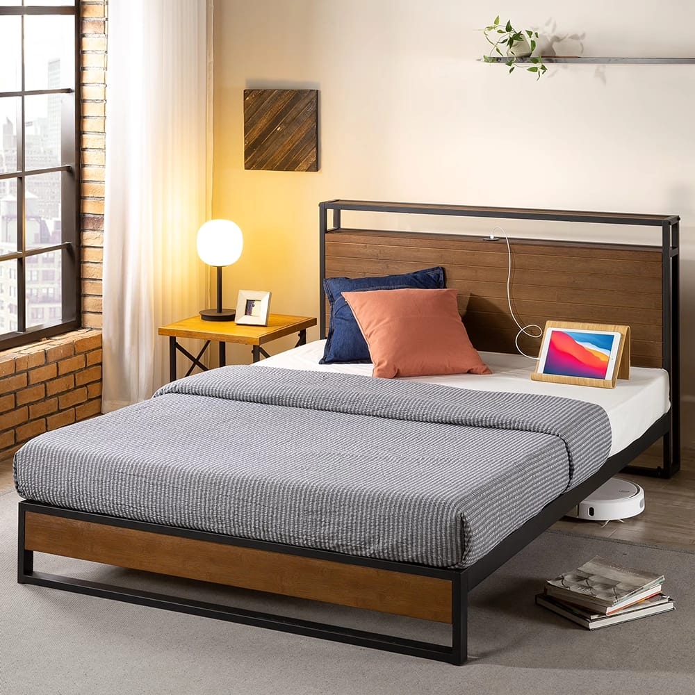 Zinus Suzanne Platform Bed with Headboard Shelf, Full, Brown/Black
