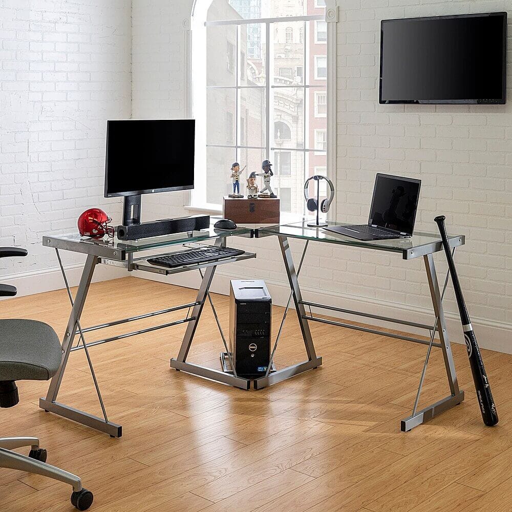 Walker Edison L-Shaped Modern Glass Corner Computer Desk, Silver