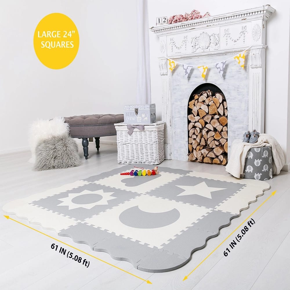 Childlike Behavior Baby Play Mat Tiles, 61" x 61", Gray/White