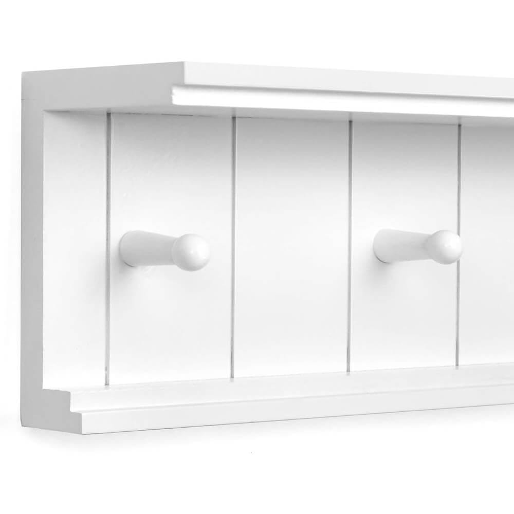 Greenco Entryway Wall-Mounted Floating Shelf with Wooden Peg Style Hooks Plus Hat & Coat Hanging Storage Shelf, White