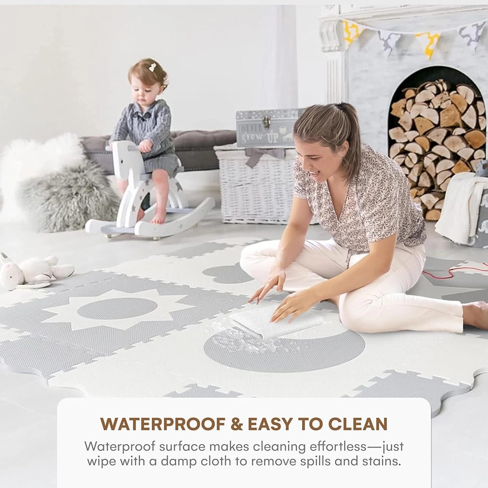 Childlike Behavior Baby Play Mat Tiles, 61" x 61", Gray/White