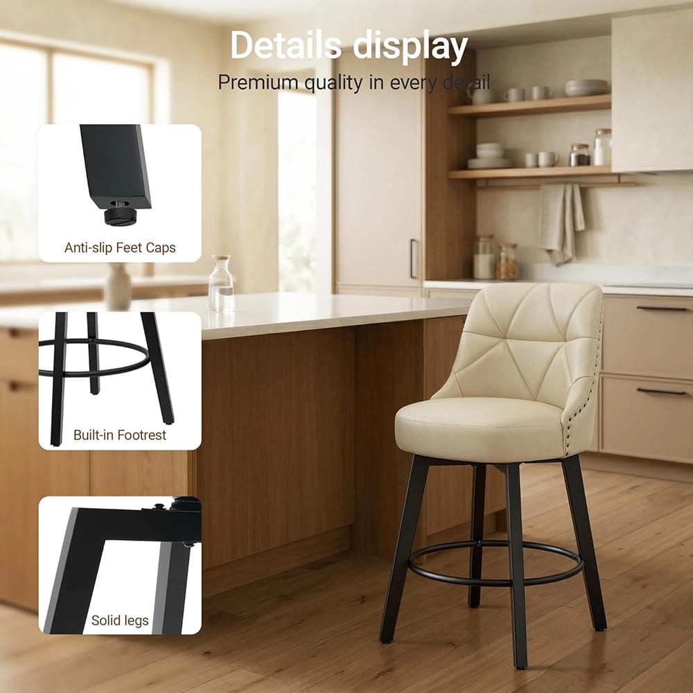 Polarisys 26" Faux Leather Swivel Bar Stool, Beige, Set of 2