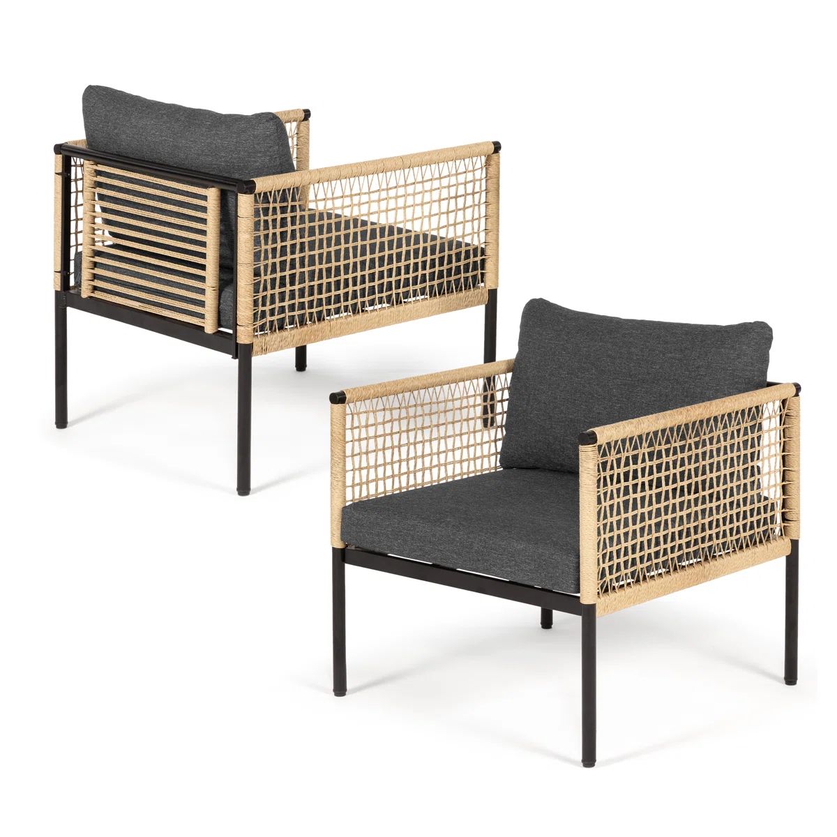 Idzo 2-Piece Oscar Wicker Mix Metal Lounge Chairs, Tan/Gray