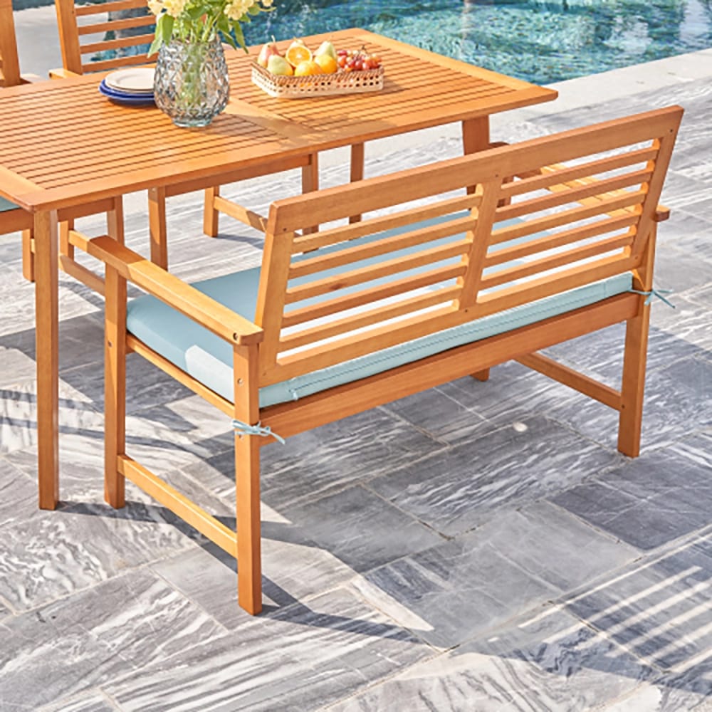 Waimea Slatted Teak Garden Bench with Cushion, Tan/Light Blue