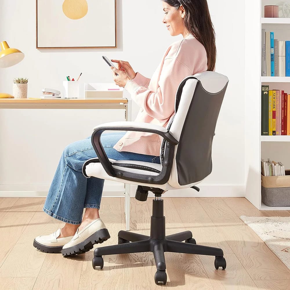 Mid-Back Padded Office Desk Chair with Armrests, White