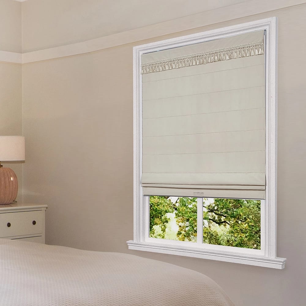 Cordless Fabric Flat Roman Shade with Tassel Trim Valance, Sand Stone, 36" x 64"