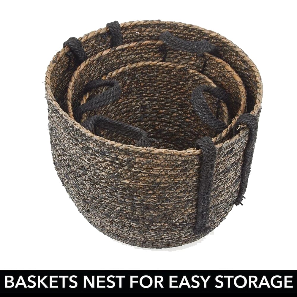 mDesign Round Woven Braided Rope Seagrass Basket, Black, 3 Pack