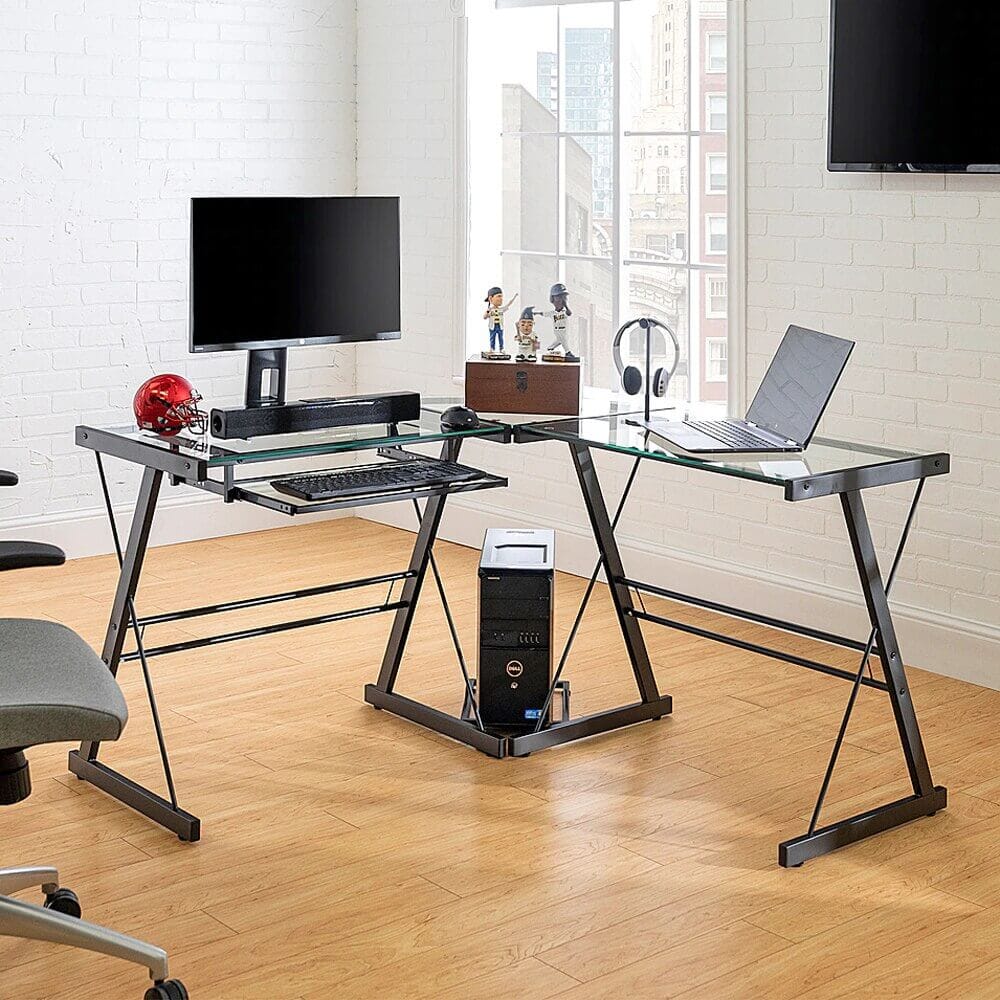 Walker Edison L-Shaped Modern Glass Corner Computer Desk, Black/Clear