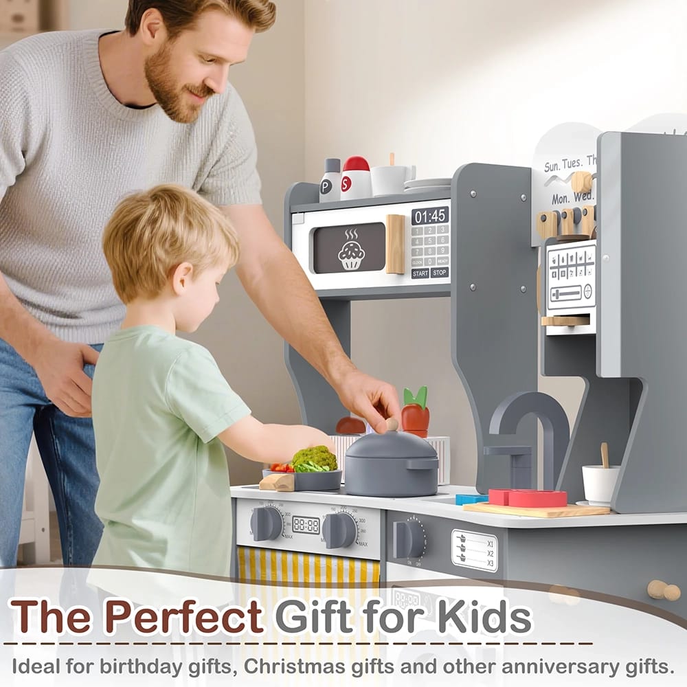 Large Wooden Kids Play Kitchen, Gray