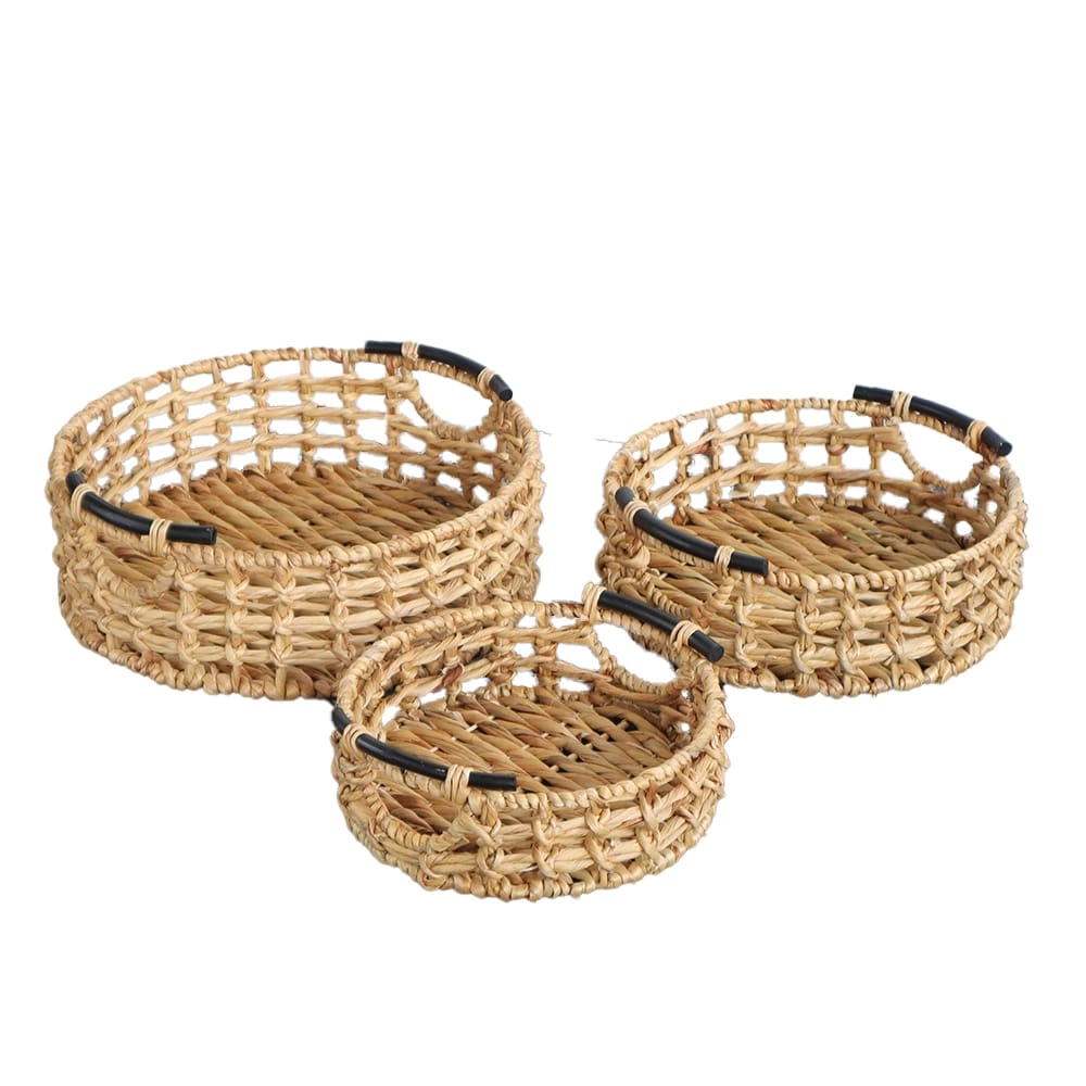 Water Hyacinth Round Tray, Natural/Black, Set of 3