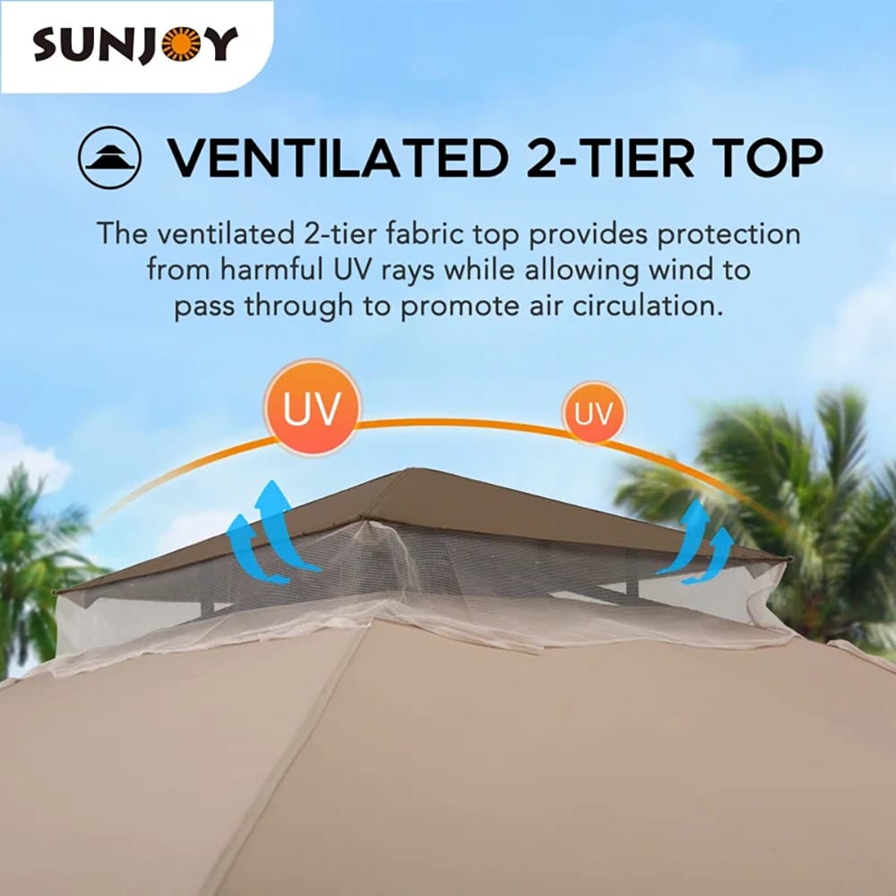 Sunjoy Outdoor Patio 2-Tier Steel Soft Top Gazebo with Ceiling Hook and Netting, 9.5' x 9.5', Brown