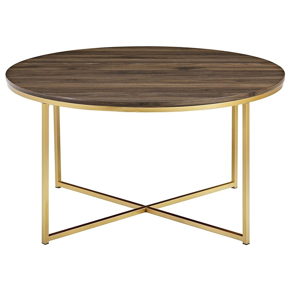 Walker Edison Cora Modern Round Faux Marble Top Coffee Table, Walnut/Gold