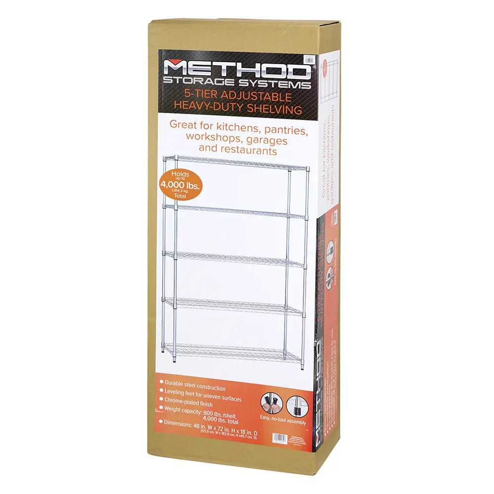 Method Storage Systems 5-Tier Adjustable Heavy-Duty Shelving, Chrome, 48" W x 18" D x 72" H