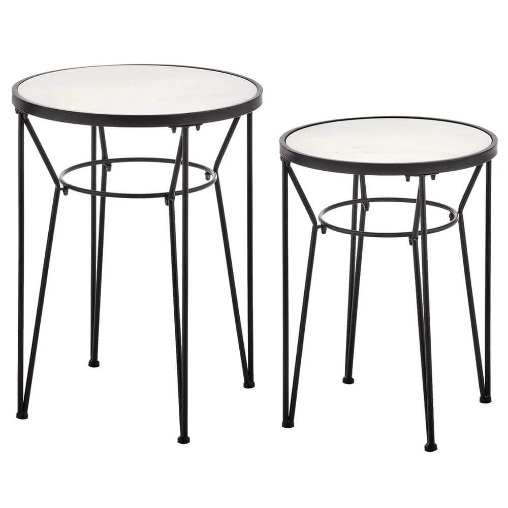 mDesign Round Metal Mirrored Glass Accent Table with Hairpin Legs, Set of 2, Matte Black