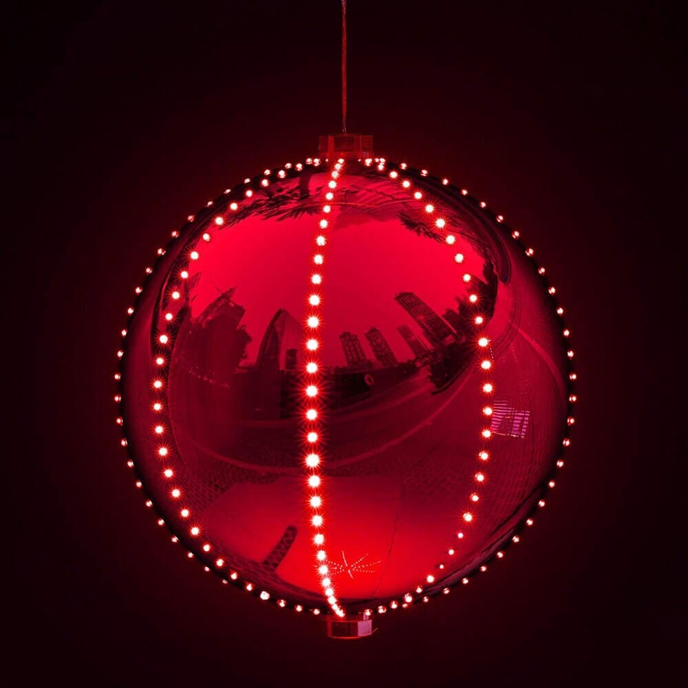 Alpine 13" Large Hanging Christmas Ball Ornament with 240 Warm White Chasing LED Lights & 6 Light Effects, Red