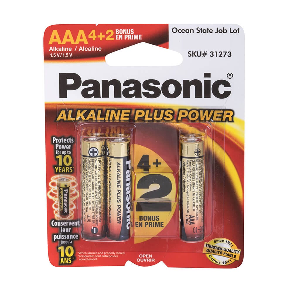 Panasonic 1.5V AAA Alkaline Batteries, 6-Count