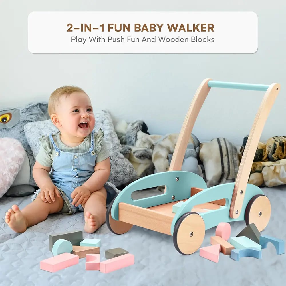 Childlike Behavior Wooden Baby Push Walker with Wheels, Green