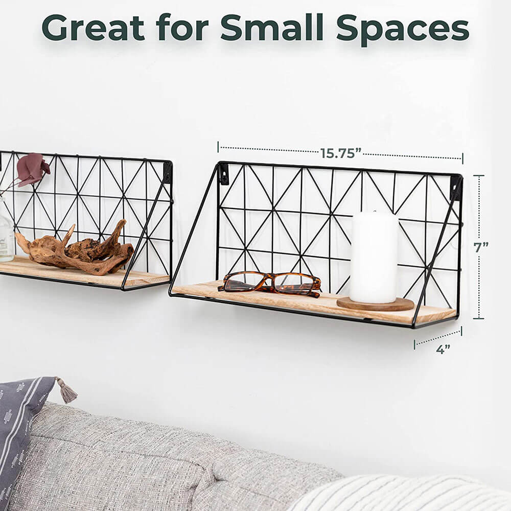 Greenco Geometric Metal Wire Floating Wall Shelves, Set of 2, Rustic Brown